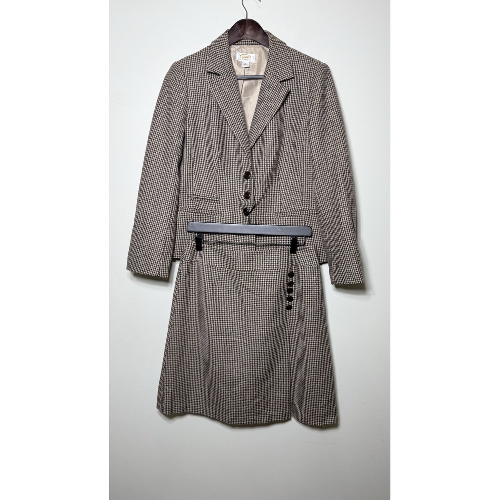 Talbots Petites 10 Wool Houndstooth Skirt Suit Set Blazer Jacket A-Line Brown